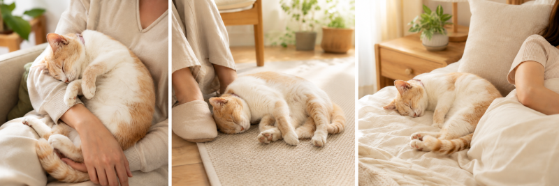 飼い主の近くで安心して眠る猫|信頼している猫のしぐさ