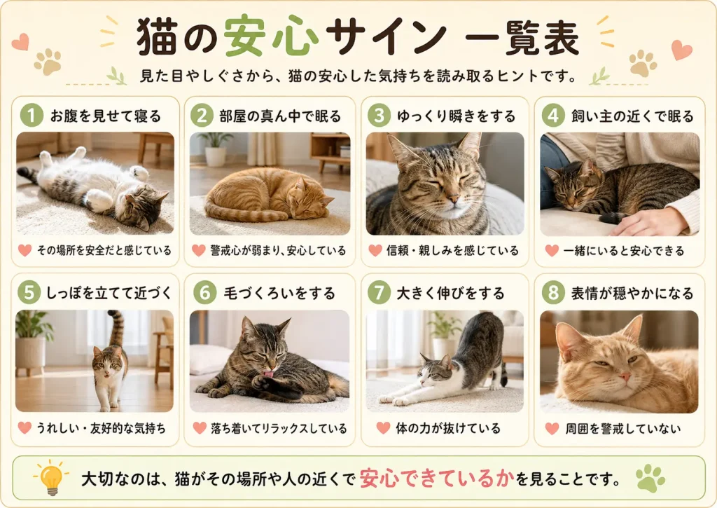 猫の安心サイン一覧表|猫が安心している時のサイン
