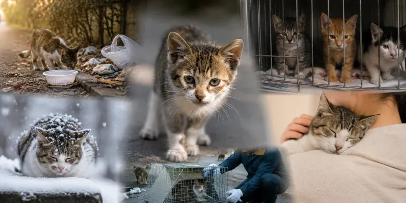 外で暮らす野良猫と保護猫の現実を考えるイメージ