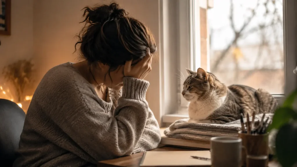 窓辺で気持ちが沈んでいる女性のそばで、猫が静かに寄り添っている様子