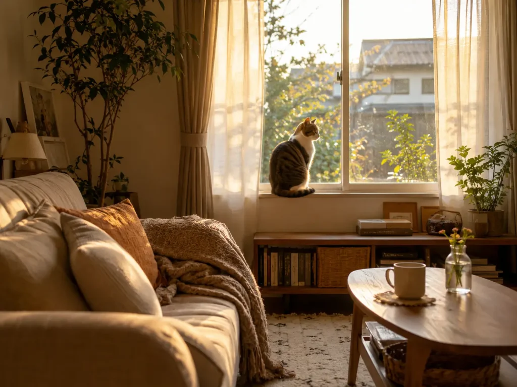 窓辺で外を穏やかに眺めている猫