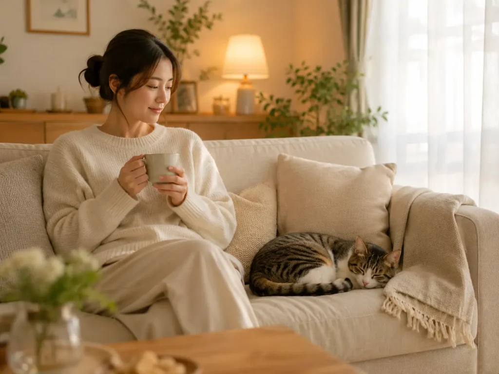 飼い主のそばで穏やかに寝ている猫