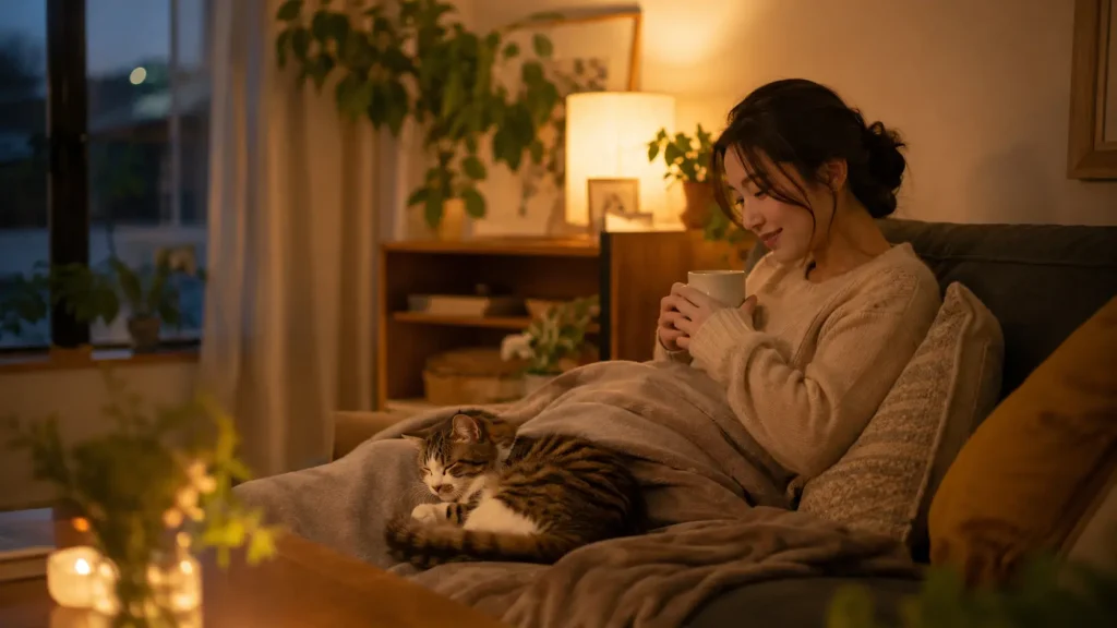 夜のリビングで、猫を膝に乗せた女性が温かい飲み物を持ちながら穏やかに過ごしている様子